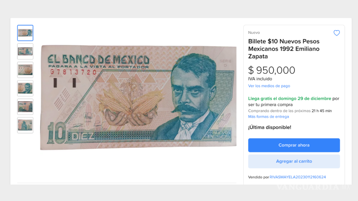 El billete de 10 pesos mexicanos emitido en 1992, que presenta la efigie de Emiliano Zapata, se ha convertido en una pieza codiciada por los coleccionistas. $!El billete de 10 pesos mexicanos emitido en 1992, que presenta la efigie de Emiliano Zapata, se ha convertido en una pieza codiciada por los coleccionistas.