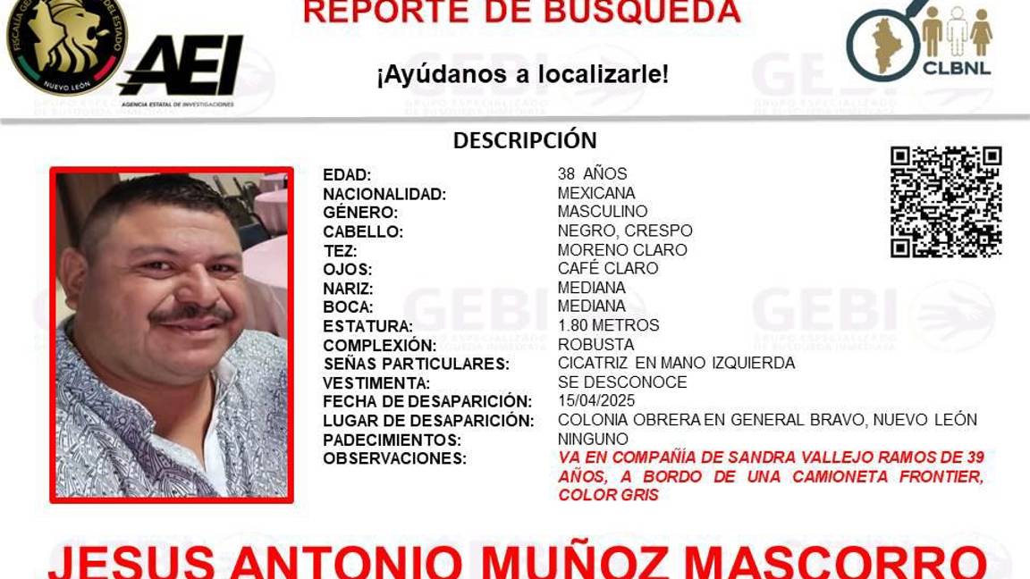 Reportan desaparición de pareja en General Bravo, Nuevo León Reportan desaparición de pareja en General Bravo, Nuevo León