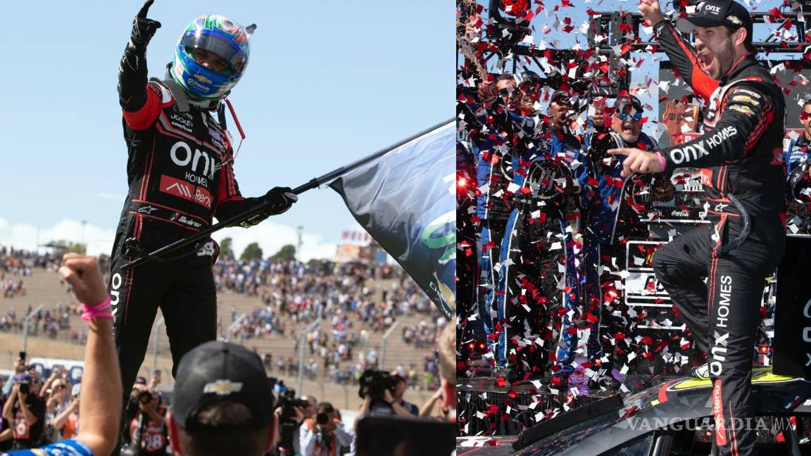 Daniel Suárez parado encima de su auto después de ganaren la NASCAR Cup Series (d). El piloto mexicano celebra su histórica victoria (i). $!Daniel Suárez parado encima de su auto después de ganaren la NASCAR Cup Series (d). El piloto mexicano celebra su histórica victoria (i).