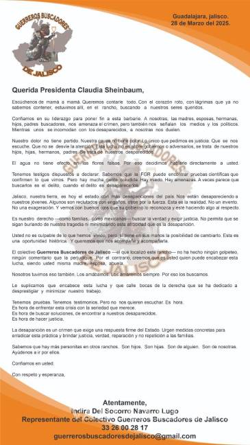 ‘Tenemos pruebas... Pero no nos quieren escuchar’: Guerreros Unidos de Jalisco envía carta a Sheinbaum $!‘Tenemos pruebas... Pero no nos quieren escuchar’: Guerreros Unidos de Jalisco envía carta a Sheinbaum