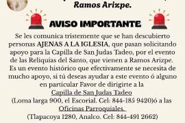 A través de un comunicado, se alerta a los ramosarpenses para que no hagan caso a quienes piden dinero utilizando como pretexto la próxima visita de las reliquias de San Judas Tadeo.